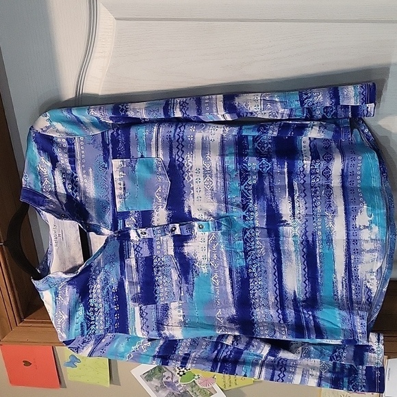 Relativity Button Front Top Cotton Rayon Blend M Blues. Teal and White Pockets - Picture 1 of 7